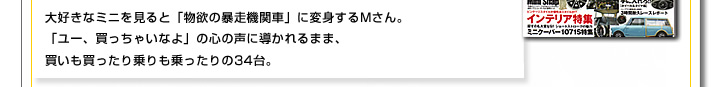 大好きなミニを見ると「物欲の暴走機関車」に変身するMさん。「ユー、買っちゃいなよ」の心の声に導かれるまま、買いも買ったり乗りも乗ったりの34台。